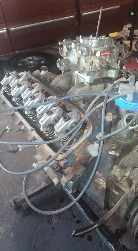 1979 Ford Bronco - Close-up of a V8 engine, showing the carburetor and valve train components.