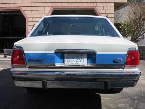 1991 Ford LTD Crown Victoria - The rear of a police car shows its license plate and distinctive blue stripe.