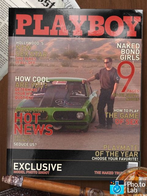 1965 Ford Fairlane - A man poses with a green drag car featured on a magazine cover.