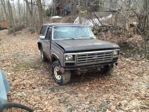 1986 Ford Bronco - This weathered Ford Bronco sits in a wooded area, showing signs of disrepair.
