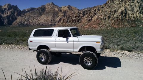 1979 Ford Bronco - A white 1978 Ford Bronco is parked on a dirt road with a mountainous landscape behind it.