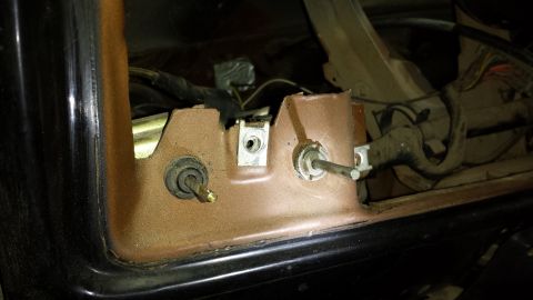 1978 Ford Bronco - Close-up view of the interior door latch mechanism on a 1978 Ford Bronco.