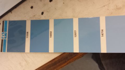 1978 Ford Bronco - A PPG paint chip chart displays various shades of blue with corresponding numerical codes.
