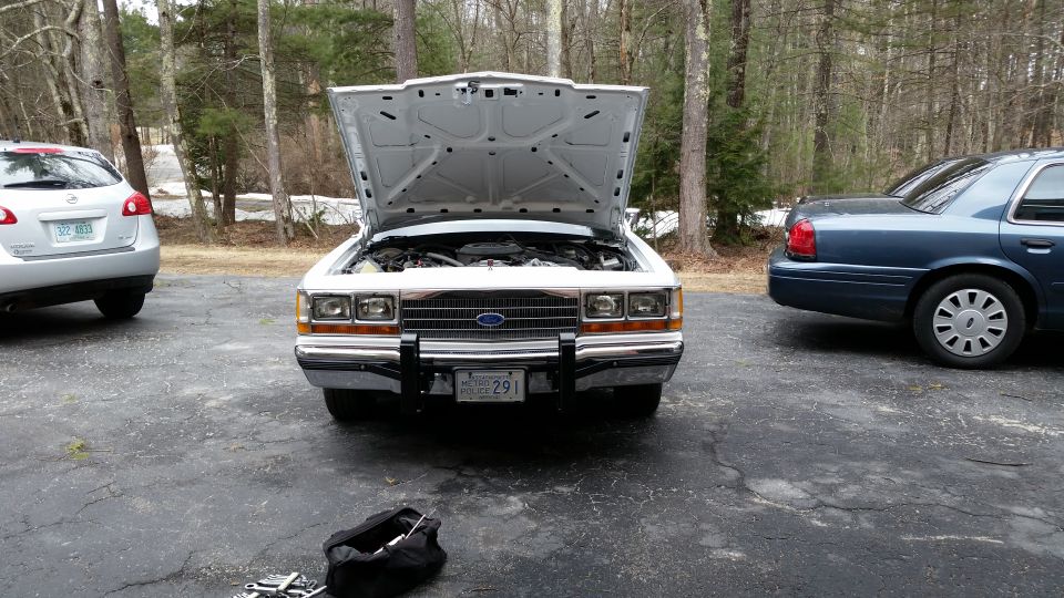 White 1991 Ford Crown Victoria LTD front view, hood open. License plate 291