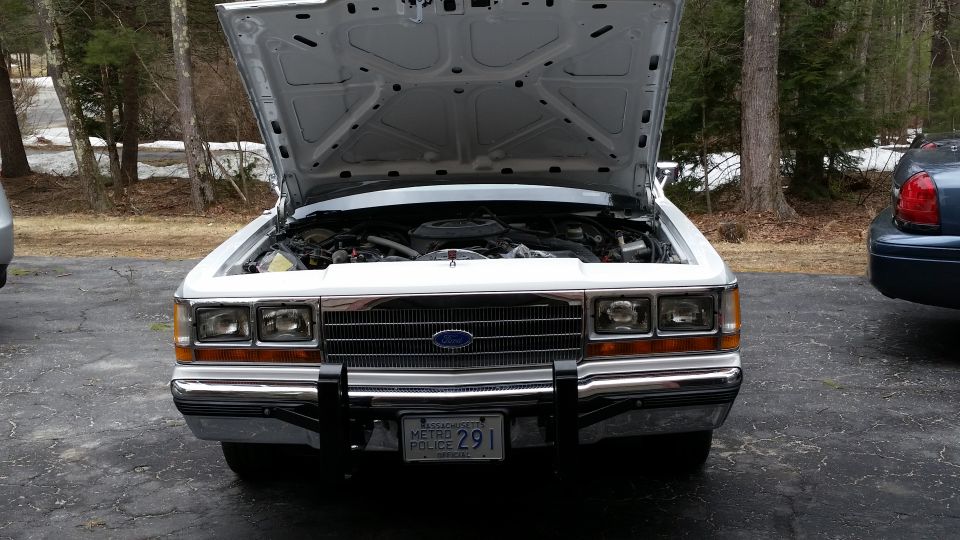 1991 Ford Crown Victoria LTD police car, front view, hood open showing engine. Massachusetts Metro Police plate 291