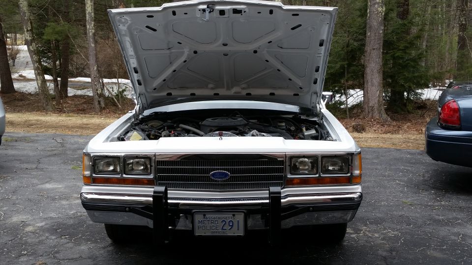 White Ford Crown Victoria with hood open, showing engine. Metro Police plate visible