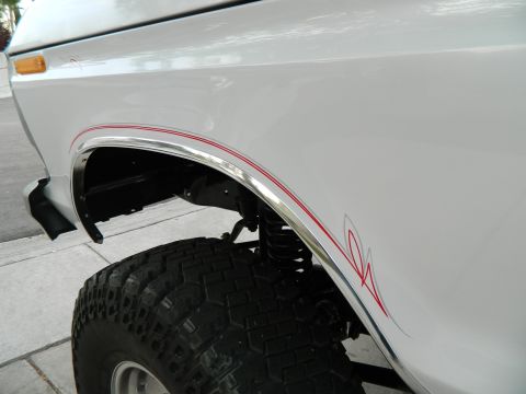 1979 Ford Bronco - Close-up of the rear fender of a white 1979 Ford Bronco, showing red pinstripes and chrome trim.