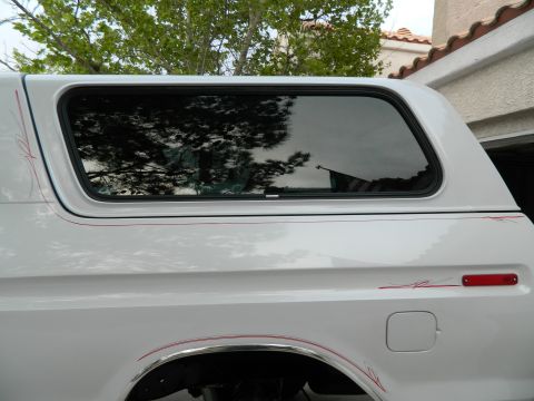 1979 Ford Bronco - White SUV with red pinstripes and chrome trim, side view, showing a reflection of trees in the window.