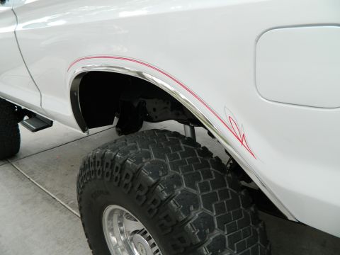 1979 Ford Bronco - Detail of a white SUV's rear fender red pinstriping and a large off-road tire.