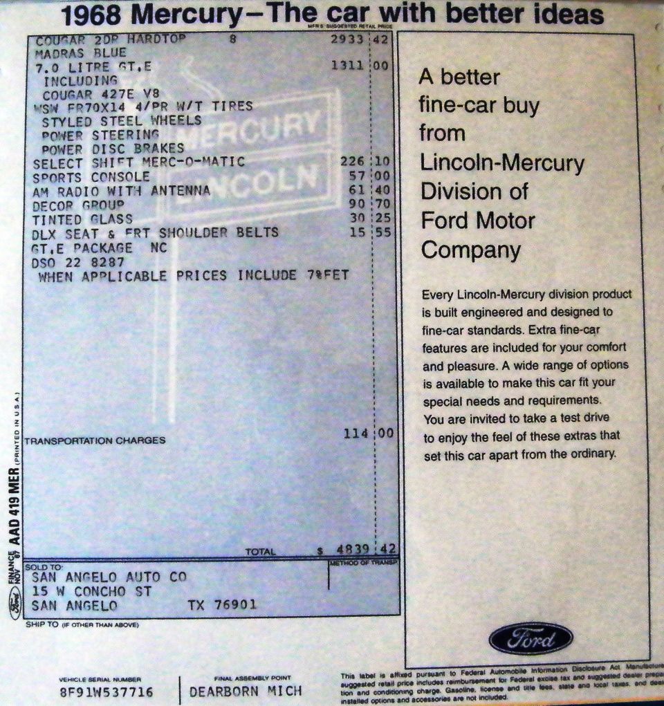1968 Mercury Cougar 2DR hardtop window sticker with 7.0 Litre GT-E package and option prices