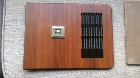 1982 Ford Bronco - A close-up view of a vehicle's interior door panel, a faux wood finish and a chrome window control.