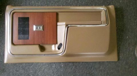 1982 Ford Bronco - Interior door panel a wood grain accent and speaker grille, likely from a vintage vehicle.