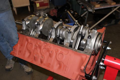 1979 Ford Bronco - Engine block assembly with crankshaft and connecting rods, ready for further work.
