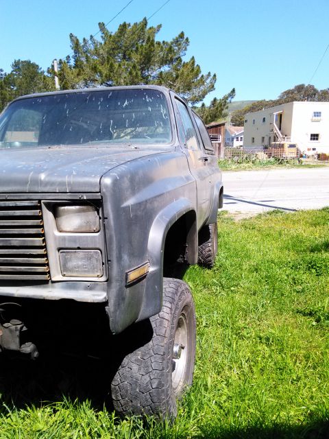 1991 Ford Bronco - Front corner view of a weathered 1980s Chevrolet K5 Blazer parked on a sunny day.