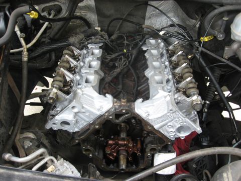 1994 Ford Bronco - Engine block with intake manifolds removed, exposing internal components for maintenance or repair.