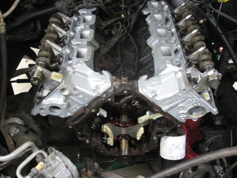1994 Ford Bronco - Close-up view of a disassembled engine, showing the intake manifolds and internal components.