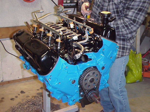 Blue engine block with black valve covers and fuel injection system. A person in a plaid shirt is working on it