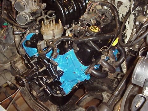 1989 Ford Bronco - Close-up view of a vehicle's engine block, painted bright blue, with various engine components visible.