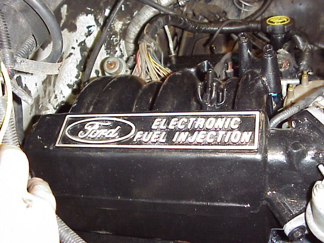 Close-up of a black Ford Electronic Fuel Injection manifold with wiring and engine components visible