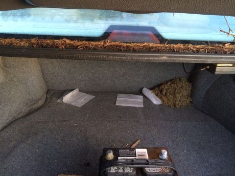 1988 BMW 7 Series - The interior of a car trunk shows a car battery and debris, with no clear year identification.