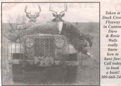 1984 Jeep Wrangler - A Jeep CJ-series is pictured with two deer heads, accompanied by text about Duck Creek Flyaway.