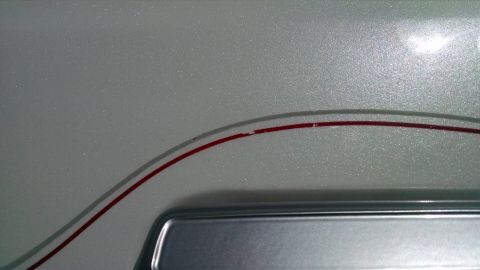 1979 Ford Bronco - Close-up of a silver vehicle's side panel a red pinstripe and chrome trim, with a Supermotors.net watermark visible.