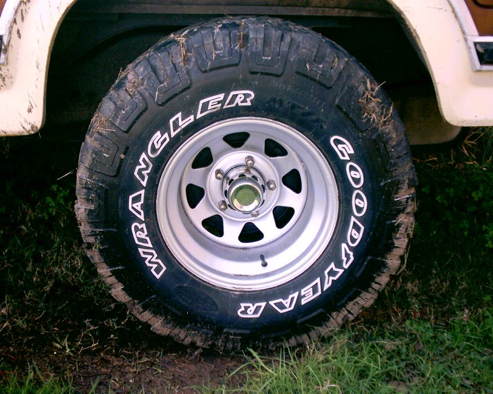 Close-up of Goodyear Wrangler tire on a vehicle