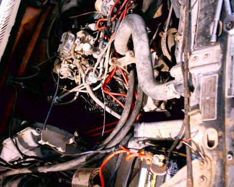 1980 Ford Bronco - Close-up view of a cluttered engine bay showing hoses, wiring, and engine parts.