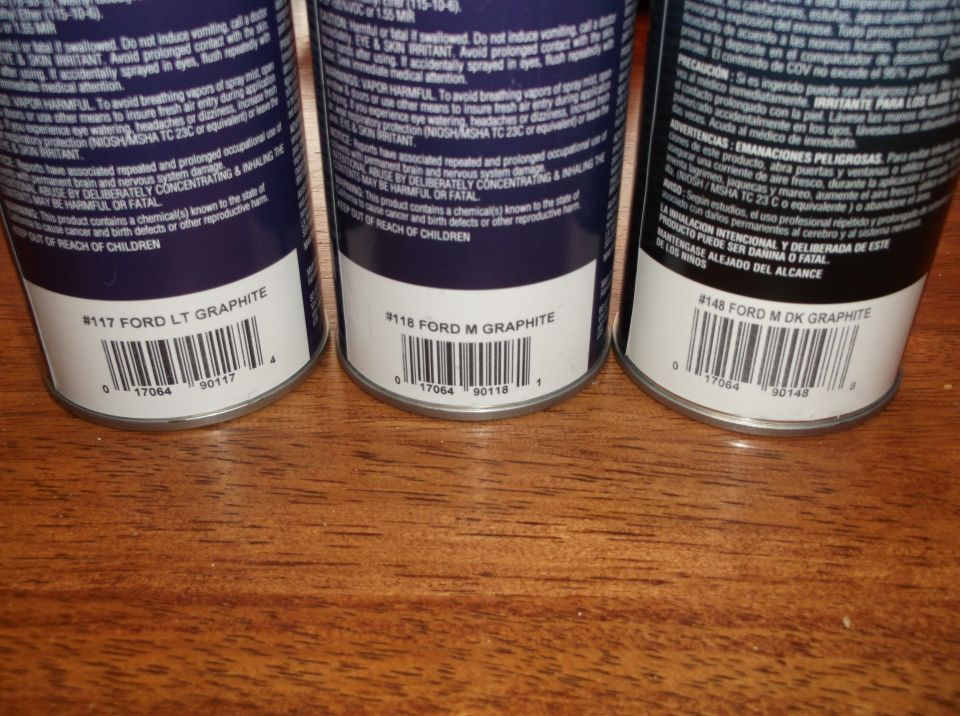 Three spray paint cans showing Ford paint codes: #117 LT GRAPHITE, #118 M GRAPHITE, #148 M DK GRAPHITE