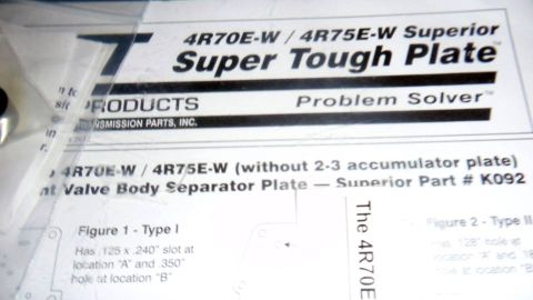 2001 Mercury Grand Marquis - This document details a Superior Super Tough Plate, part number K092, designed for 4R70E-W and 4R75E-W transmissions.