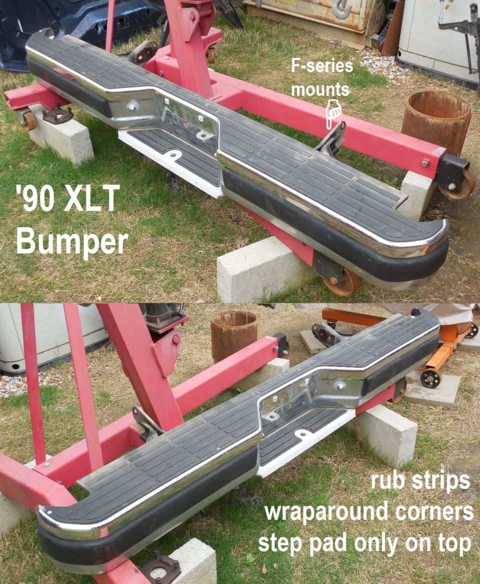 Chrome 1990 Ford XLT rear step bumper on a stand with annotated F-series mounts and rub strips