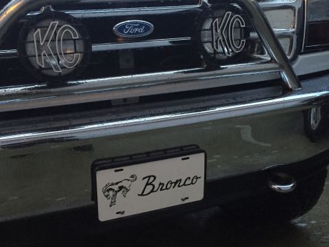 1995 Ford Bronco - Close-up of a Ford grille KC lights and a custom Bronco license plate.
