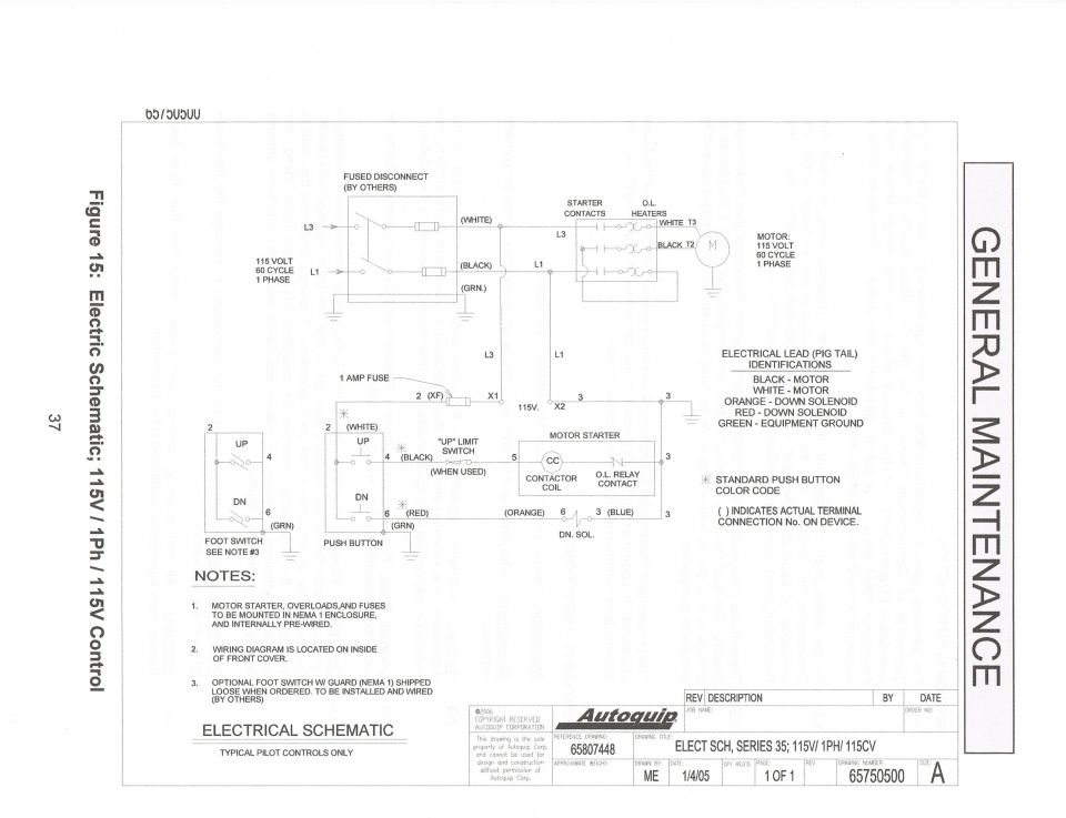 Autoquip lift 115V single-phase 60Hz electrical control schematic with motor starter and 1 amp fuse
