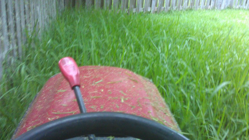 Red riding mower with a pink lever and black steering wheel, seen from the driver's perspective, with tall grass and a wooden fence in the background