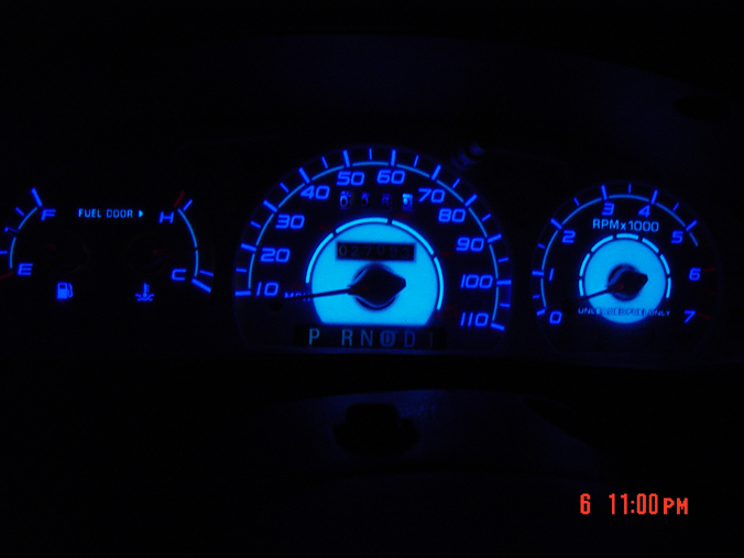 Dashboard gauges with blue backlighting and P R N D 1 indicators
