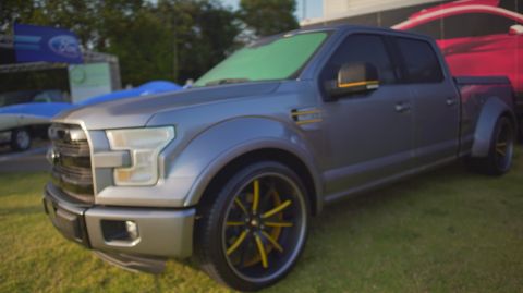 1995 Ford Taurus - A customized Ford F-150 pickup truck is parked on grass with other vehicles in the background.