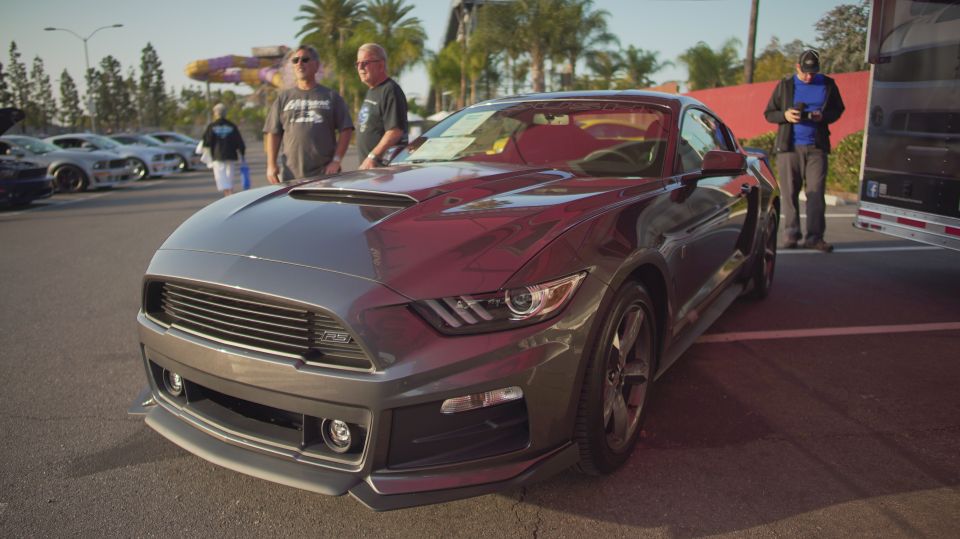 Gray Ford Mustang with a scooped hood and aggressive front bumper, parked outdoors