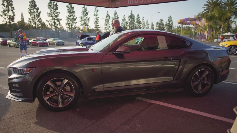 Gray coupe side view with hood scoop and distinctive wheels