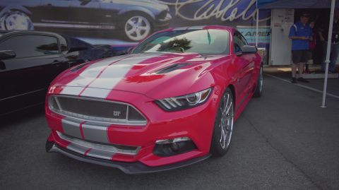 1995 Ford Taurus - A red 2015 Ford Mustang GT with silver racing stripes is parked at an outdoor event.