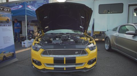 1995 Ford Taurus - A yellow Ford Mustang Shelby GT is displayed with its hood open, next to another Mustang.