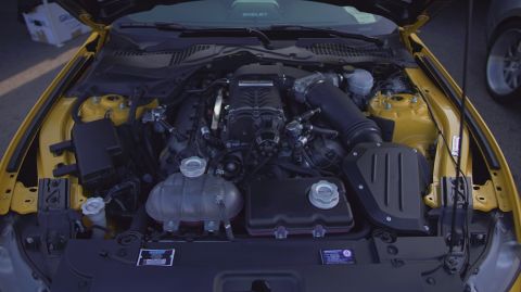 1995 Ford Taurus - The engine bay of a yellow car, a prominent supercharger and Shelby branding, is displayed with the hood open.
