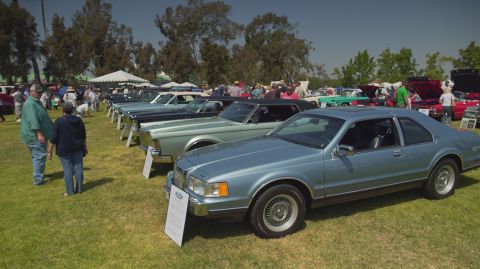 1995 Ford Taurus - A line of classic cars are displayed on a grassy field under a clear sky.