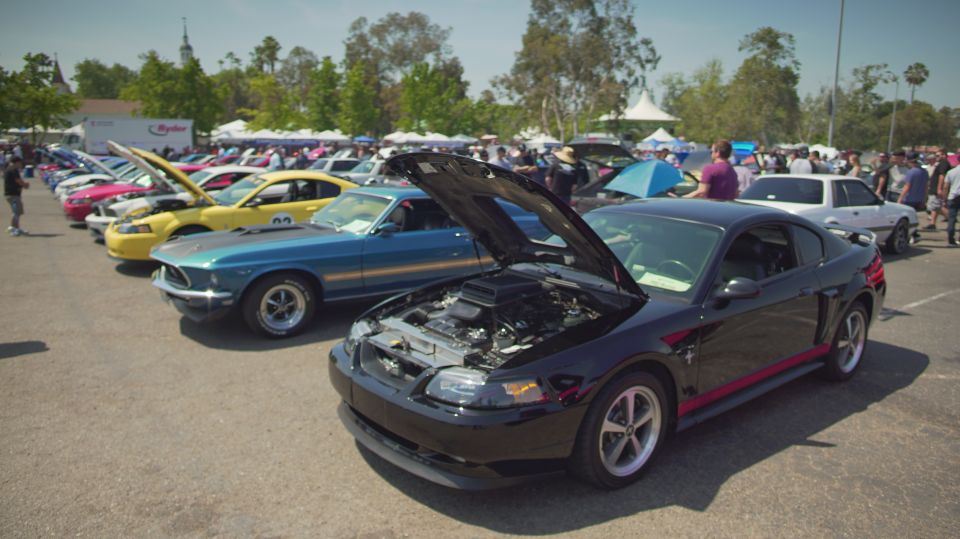 Black Ford Mustang with hood open, showing engine. Red stripe along side