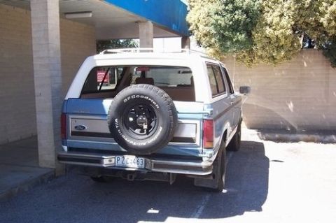 1985 Ford Bronco - Rear view of a 1985 Ford Bronco showing the spare tire and license plate.