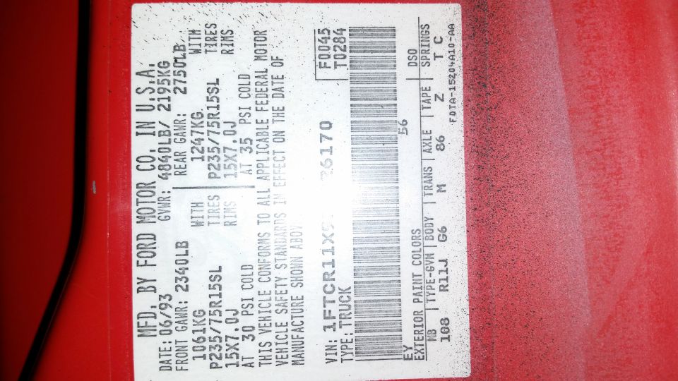 Ford certification label dated 06/93, type truck, VIN beginning 1FTCR11X, with GAWR and tire data
