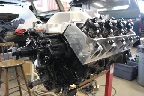 1979 Ford Bronco - Close-up of a V8 engine assembly, Cobra Jet valve covers and an aluminum intake.