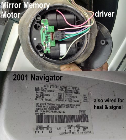 1993 Ford Bronco - I pulled a pair of mirror memory motors & wiring harnesses from an '01 Navigator. They fit directly into the '92-97 flag-mount mirrors, but…