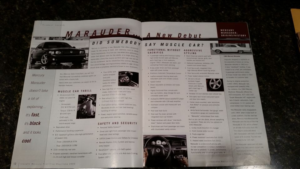 Mercury Marauder brochure spread headed "Marauder... A New Debut" with features and origins text