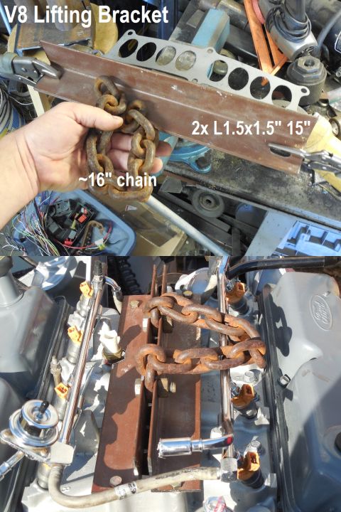 1983 Ford Bronco - There's no need to buy a lifting plate for an EFI V8. A scrap of angle iron, some chain, and a couple of bolts work fine. Bolt the chain be…