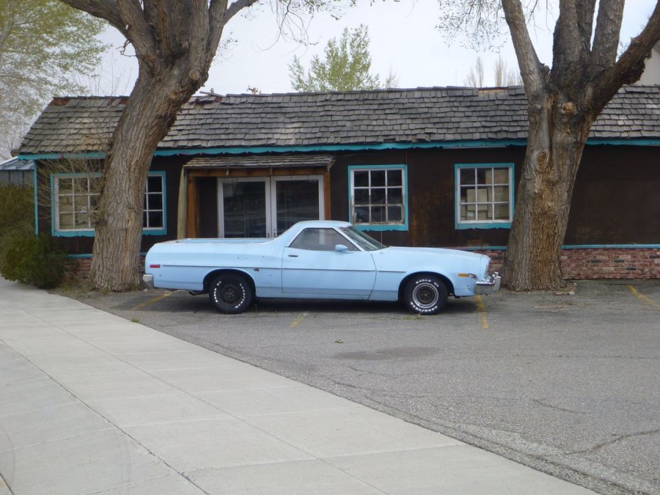 Light blue pickup truck parked next to a building with two large trees